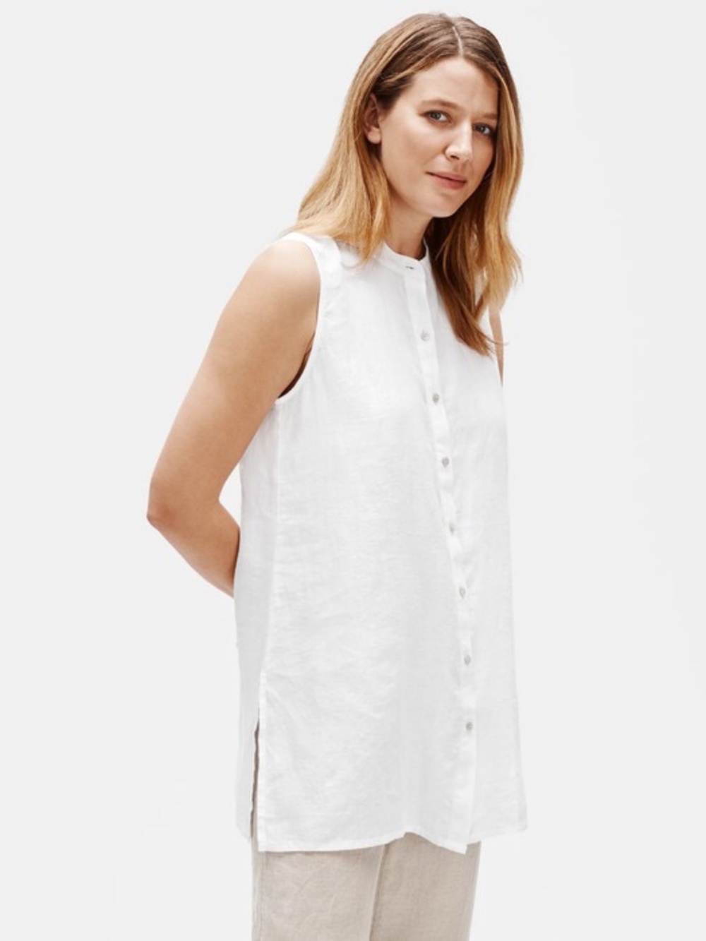 Eileen Fisher Organic White Handkerchief Linen Sleeveless Tunic Shirt Sz XL